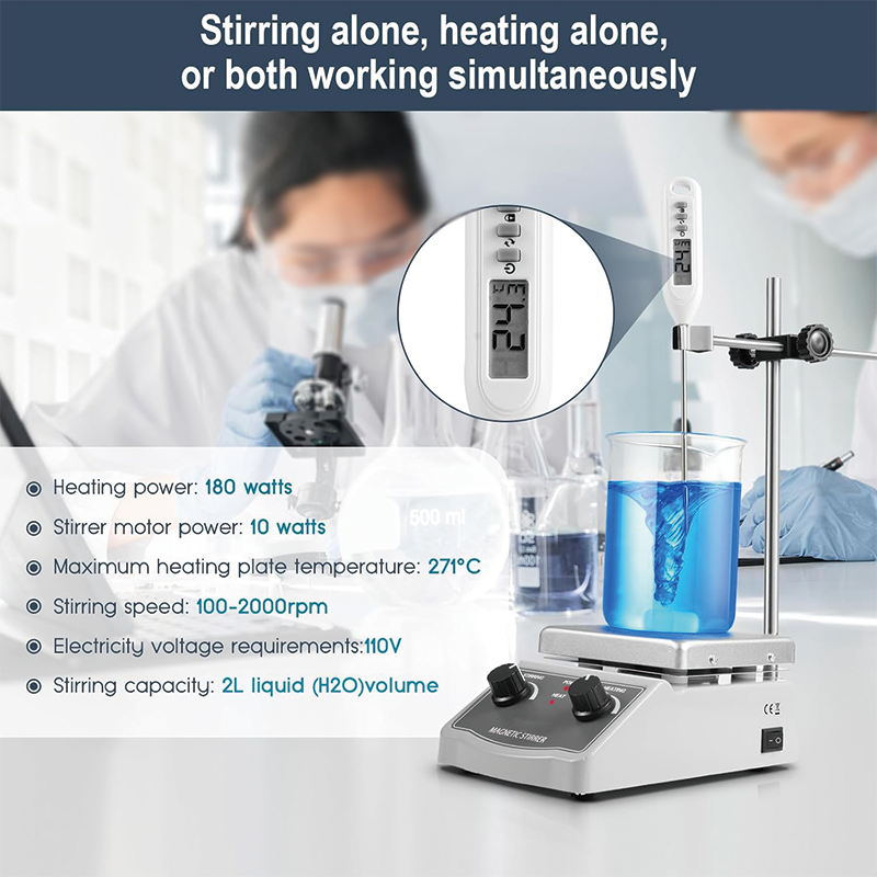 Magnetic Stirrer, 100-2000RPM Hot Plate with Magnetic Stirrer, Magnetic Stir Bar, Stir Bar Retriever, Hot Plate Max 520℉ 2000mL Magnetic Hotplate Stirrer