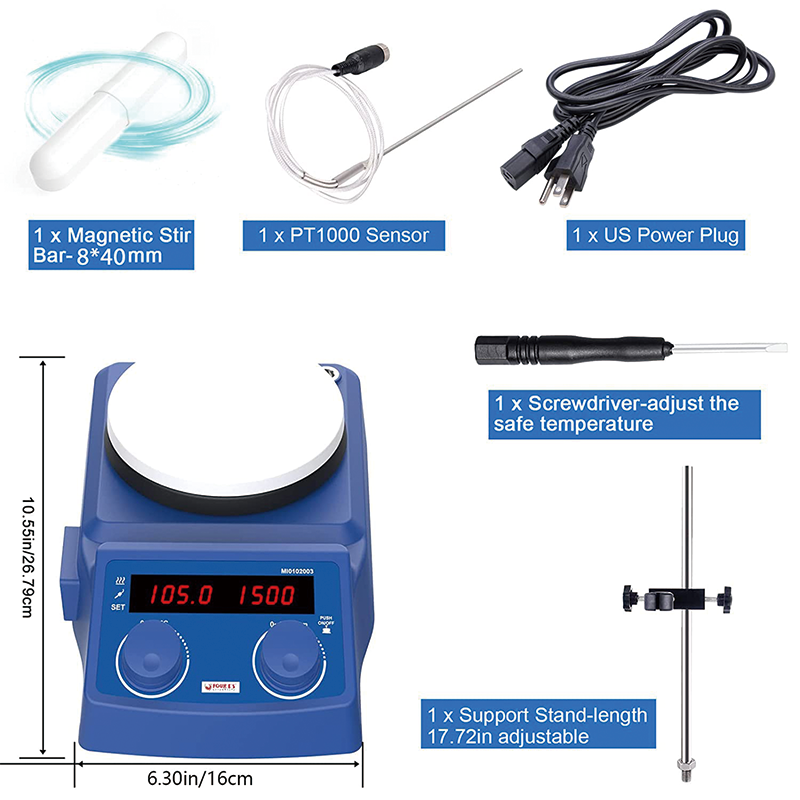 Magnetic Stirrer, 5 inch Magnetic Stirrer Hot Plate with Temp Probe Holder, 100-1500RPM 280°C/ 536°F, 600W Heating Power