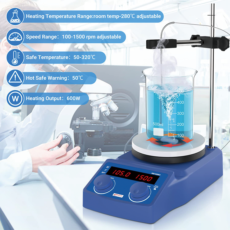 Magnetic Stirrer, 5 inch Magnetic Stirrer Hot Plate with Temp Probe Holder, 100-1500RPM 280°C/ 536°F, 600W Heating Power