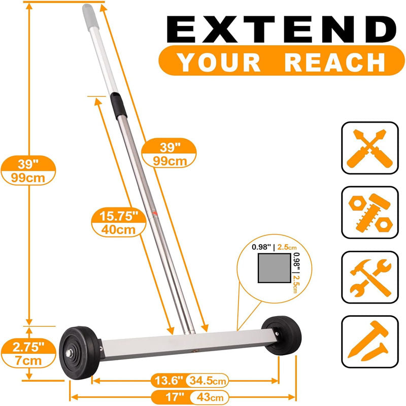 17inch Magnetic Sweeper Sweeper Roofing Tools with Telescoping Holder and Wheels to Pick Up Nails Magnetic Sweeper for Construction