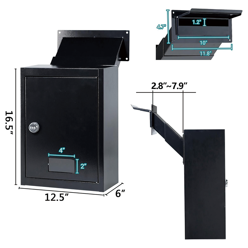 Through The Wall Drop Box,16.5" x 12.5" x 6"Mail Drop Box w/Adjustable Chute,Rainproof Mail Slots Walls Thickness 2.8” to 7.9” for Home Office Apartment,Black