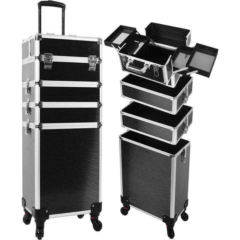 Makeup Rolling Trolley 5 in 1 Professional Makeup Train Case Aluminum Cosmetic Case with Key Swivel Wheels , Black