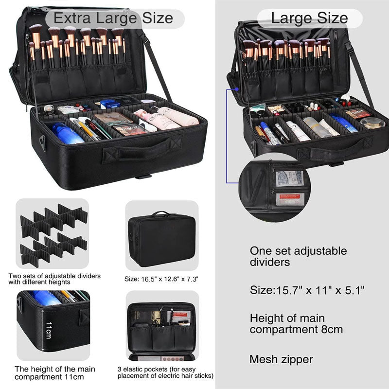 Makeup Rolling Trolley Extra Large Makeup Case Travel Convenient Carry with Adjustable Dividers/Attach to Trolley/Shoulder Strap (Black)