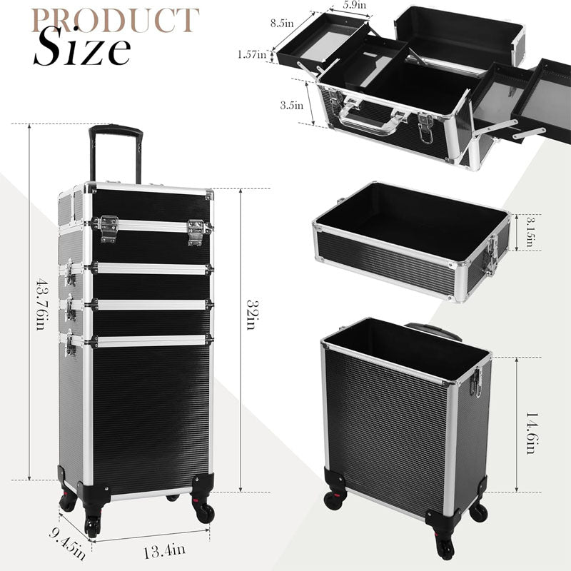 Makeup Rolling Trolley 5 in 1 Professional Makeup Train Case Aluminum Cosmetic Case with Key Swivel Wheels , Black