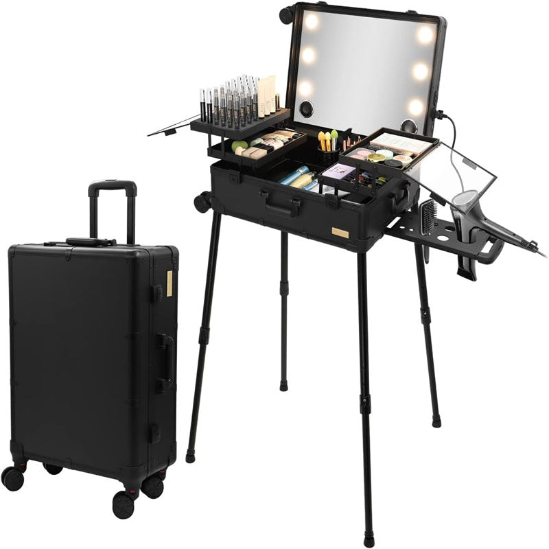 Makeup Rolling Trolley Extra Large Aluminum Trolley Makeup Train Case with Built-in LED Lights Professional Cosmetic Organizer Studio
