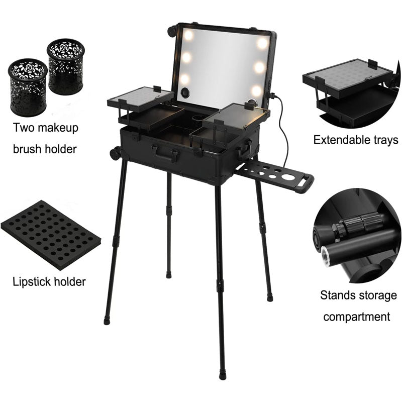 Makeup Rolling Trolley Extra Large Aluminum Trolley Makeup Train Case with Built-in LED Lights Professional Cosmetic Organizer Studio