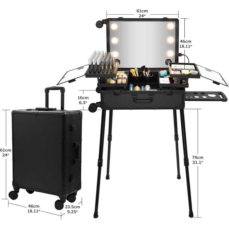 Makeup Rolling Trolley Extra Large Aluminum Trolley Makeup Train Case with Built-in LED Lights Professional Cosmetic Organizer Studio