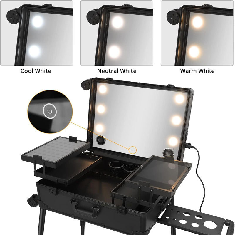 Makeup Rolling Trolley Extra Large Aluminum Trolley Makeup Train Case with Built-in LED Lights Professional Cosmetic Organizer Studio