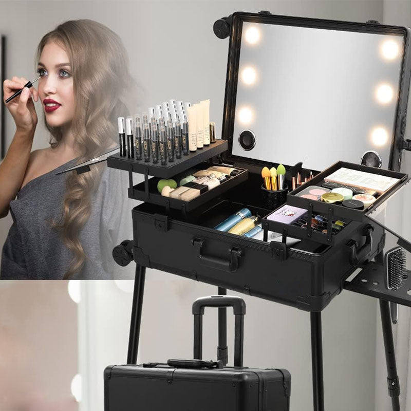 Makeup Rolling Trolley Extra Large Aluminum Trolley Makeup Train Case with Built-in LED Lights Professional Cosmetic Organizer Studio