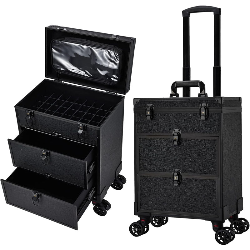 3 in 1 Makeup Rolling Trolley on Wheels 2 Large Drawer Trolley Cosmetic Train Case with Makeup Pouch