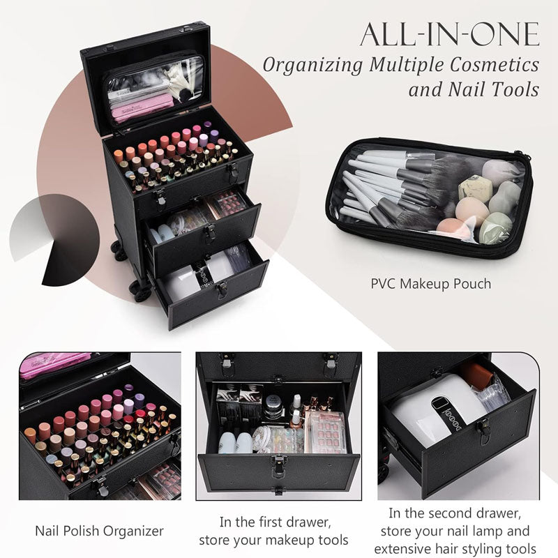 3 in 1 Makeup Rolling Trolley on Wheels 2 Large Drawer Trolley Cosmetic Train Case with Makeup Pouch