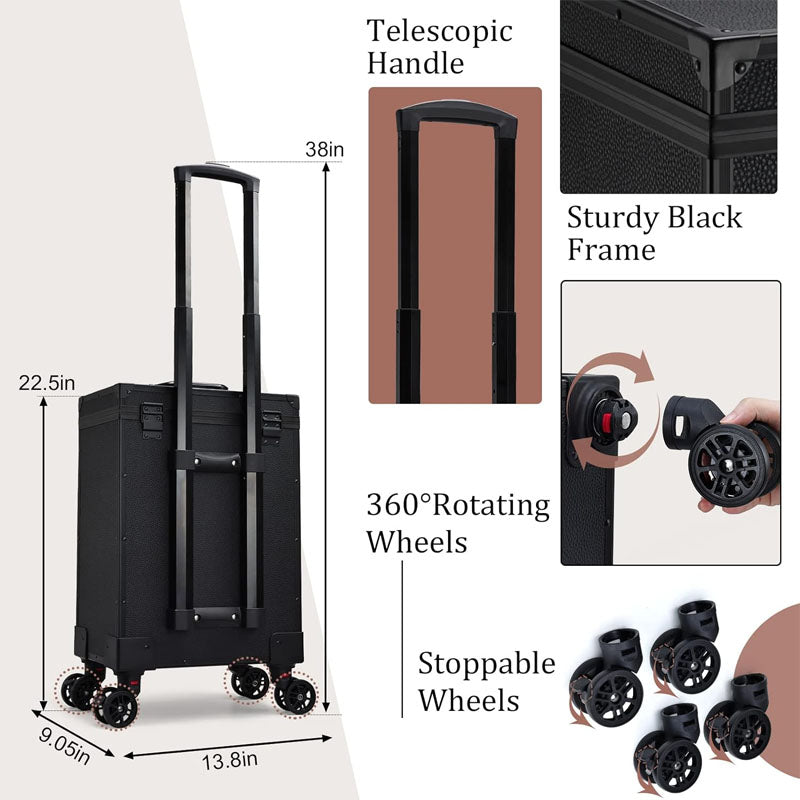 3 in 1 Makeup Rolling Trolley on Wheels 2 Large Drawer Trolley Cosmetic Train Case with Makeup Pouch