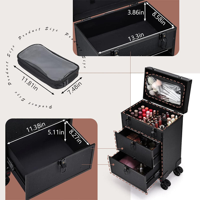 3 in 1 Makeup Rolling Trolley on Wheels 2 Large Drawer Trolley Cosmetic Train Case with Makeup Pouch