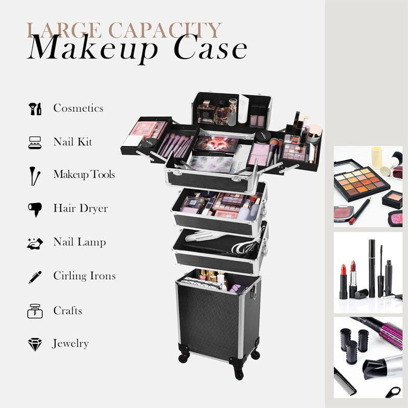 Makeup Rolling Trolley 5 in 1 Professional Makeup Train Case Aluminum Cosmetic Case with Key Swivel Wheels , Black
