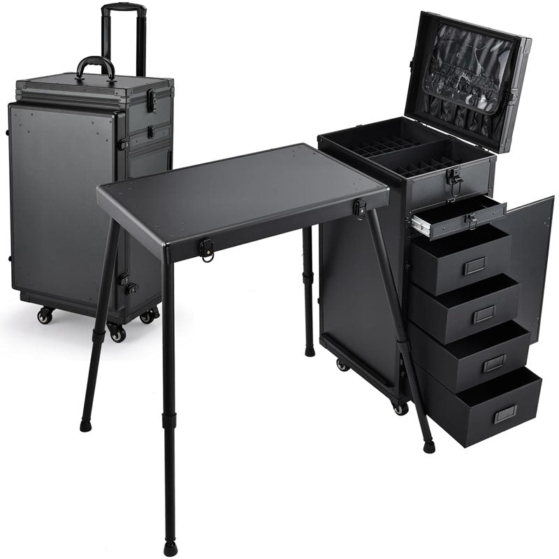 Makeup Rolling Trolley Aluminum Cosmetic Case Workbench With Supporting Legs with 360° Swivel Wheels Black