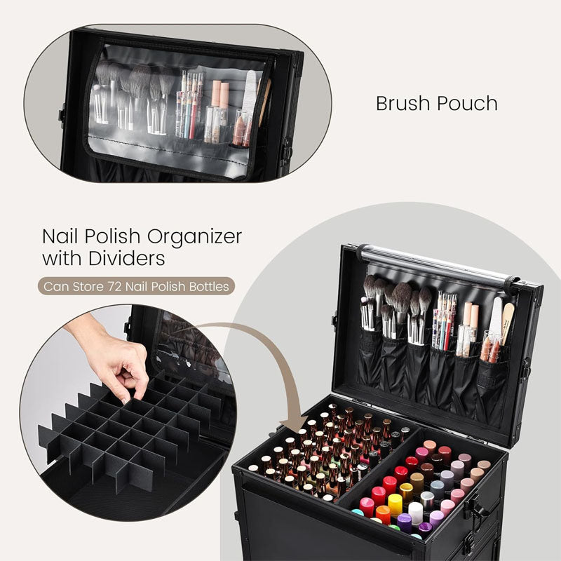 Makeup Rolling Trolley Aluminum Cosmetic Case Workbench With Supporting Legs with 360° Swivel Wheels Black