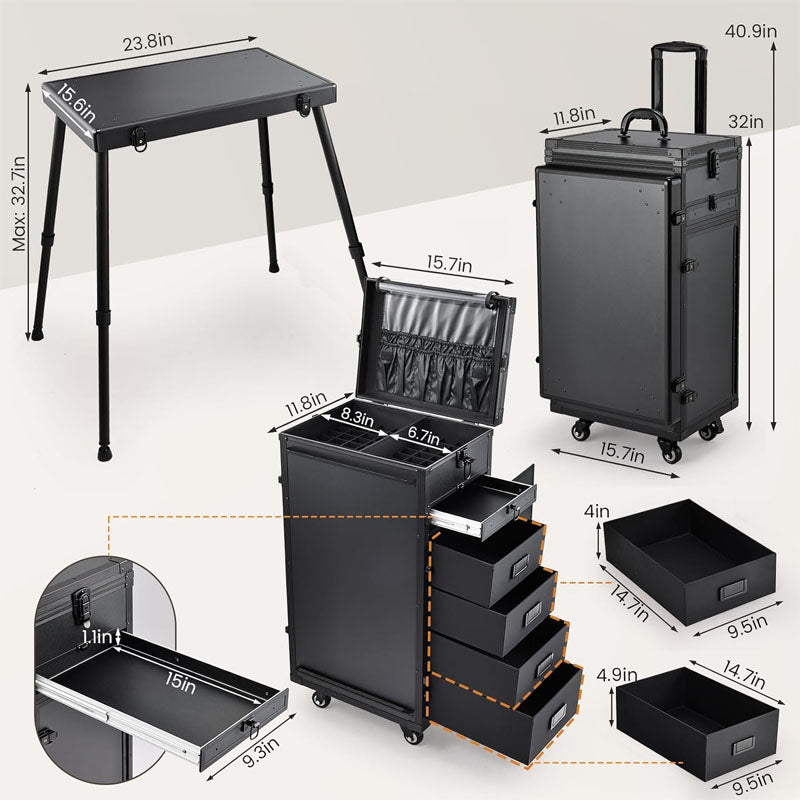 Makeup Rolling Trolley Aluminum Cosmetic Case Workbench With Supporting Legs with 360° Swivel Wheels Black