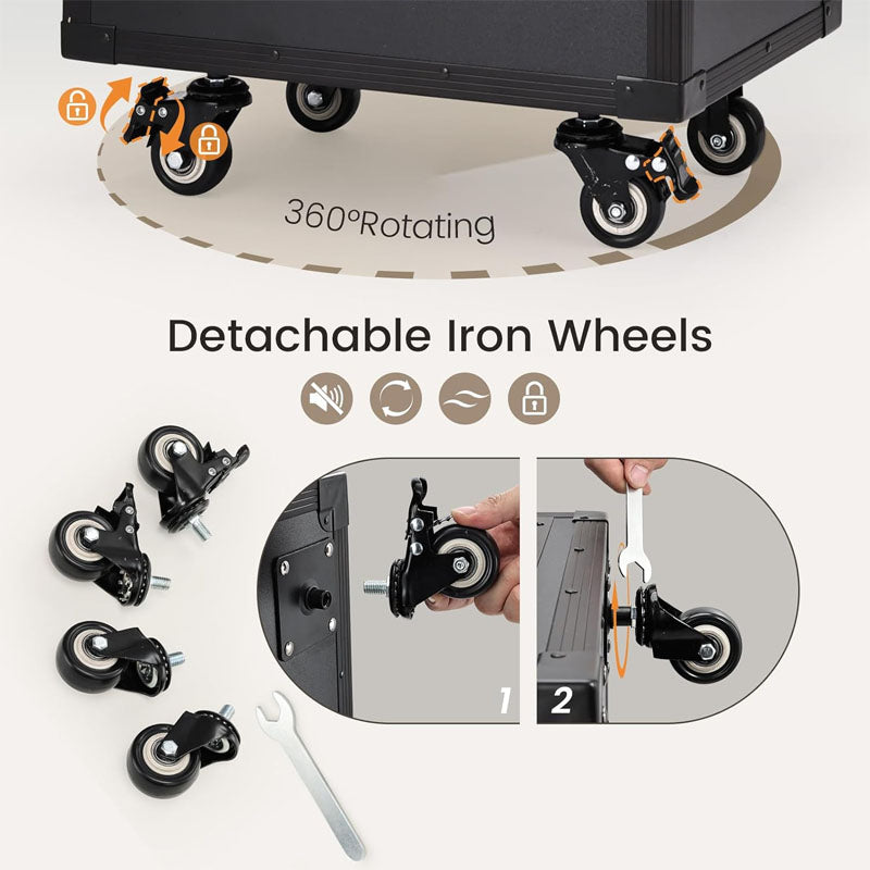 Makeup Rolling Trolley Aluminum Cosmetic Case Workbench With Supporting Legs with 360° Swivel Wheels Black