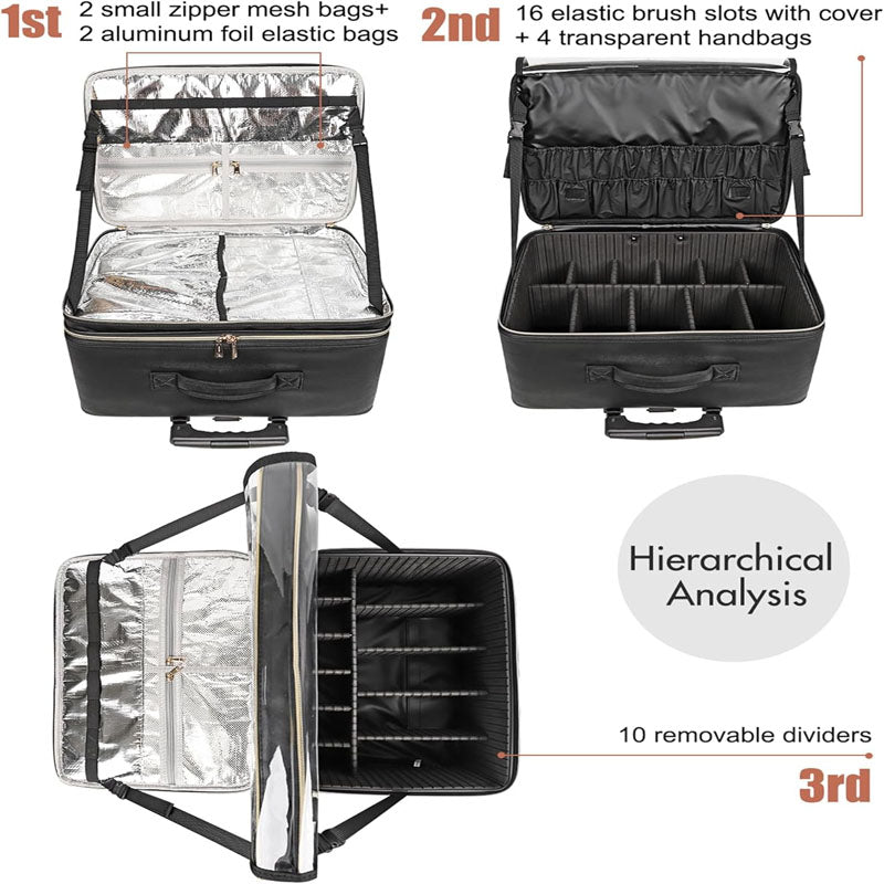3 Layer Makeup Rolling Trolley Convenient Carry With Handle with Insulation Compartment & Four Clear Storage Bags