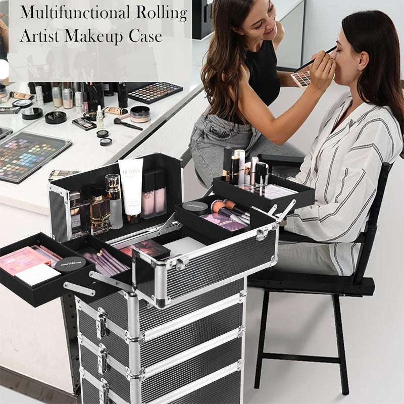Makeup Rolling Trolley 5 in 1 Professional Makeup Train Case Aluminum Cosmetic Case with Key Swivel Wheels , Black