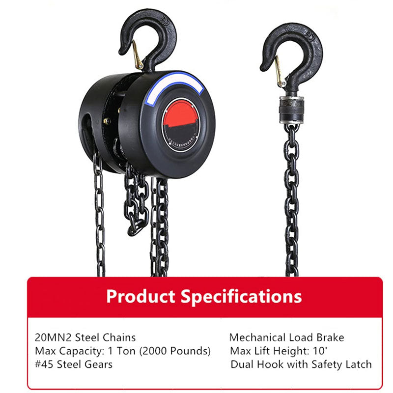Manual Chain Hoist, 1 Ton / 2000 lbs Capacity, 10 Ft Lift, For Transport And Shop Lifting