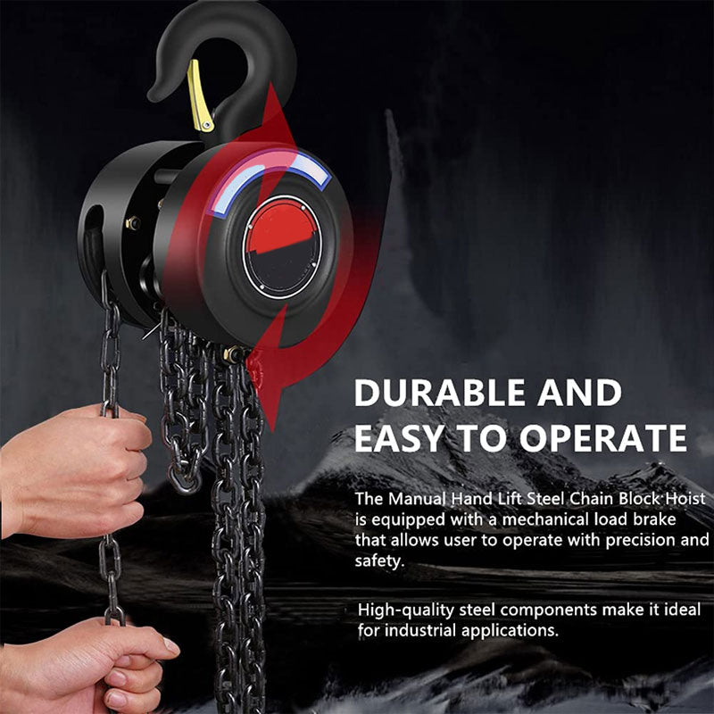 Manual Chain Hoist, 1 Ton / 2000 lbs Capacity, 10 Ft Lift, For Transport And Shop Lifting