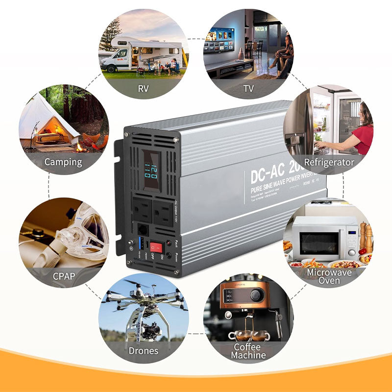 2000W Pure Sine Wave Power Inverter DC 12V to 110V AC Converter with 2 AC Charger Outlets, 18W USB and 30W Type-C Charging Port for Family RV Truck