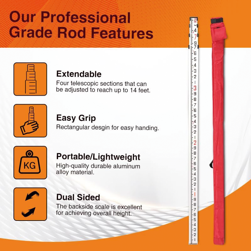 Measuring Rod , 14-Foot Aluminum Grade Rod 10ths with Carrying Case and Rod level , Aluminum Grade Rod