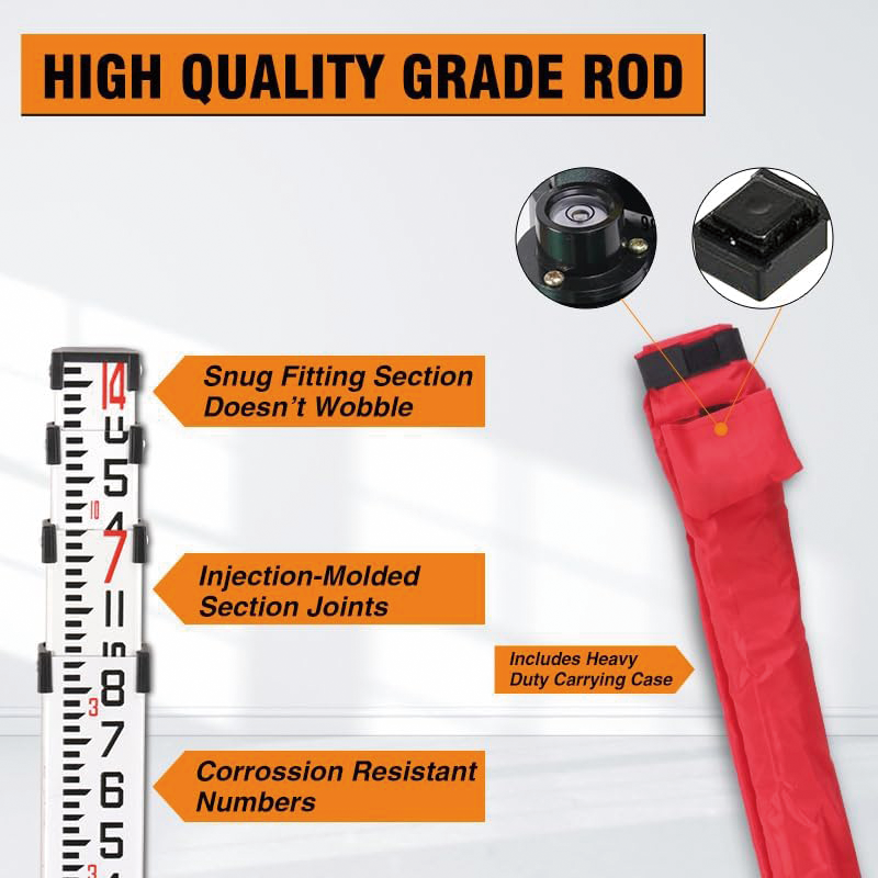 Measuring Rod , 14-Foot Aluminum Grade Rod 10ths with Carrying Case and Rod level , Aluminum Grade Rod