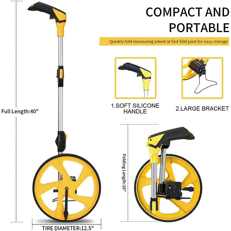 Measuring Wheel in Feet and Inches, 12.5 in Wheel Diameter, Collapsible with One key to Zero, Kickstand, Measurement 0-9,999 Ft