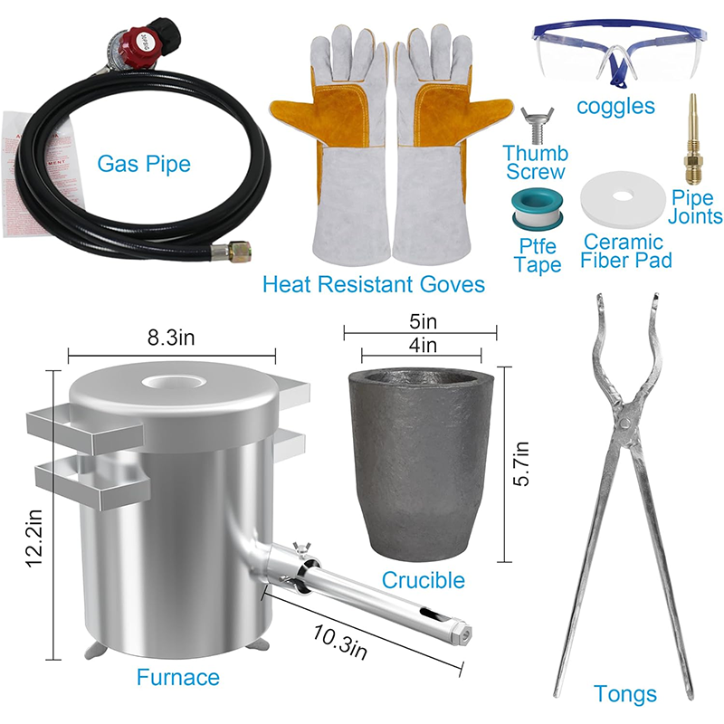 Melting Furnace, Propane Furnace Kit, 6 Kg (13 Lb) Graphite Crucible, 2372°F Max Temp, Cast In Stainless Steel, Smelts Metals, Comes With Goggles And High Temperature Gloves