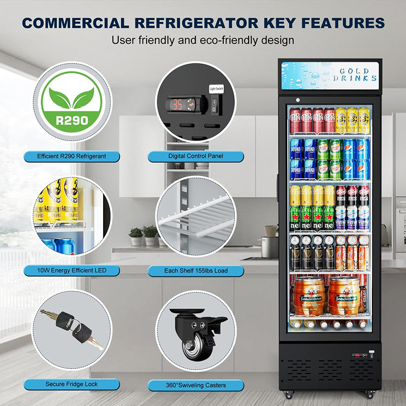 12 cu.ft and 5 Shelves Glass Door Refrigerator Commercial Beverage Refrigerators with LED Light Display Refrigerator for Cafe Restaurant Store Bar