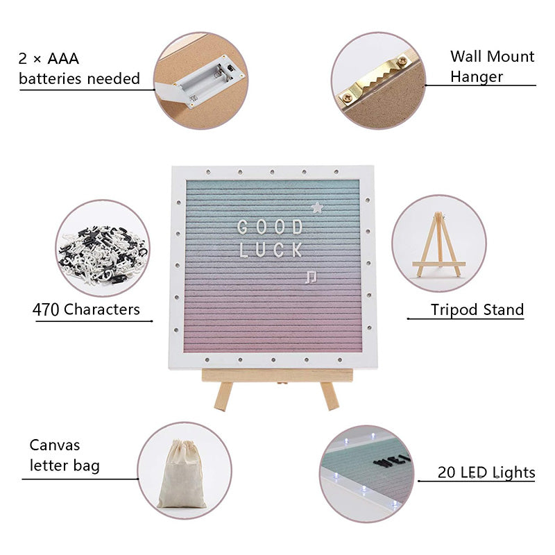 10in × 10in Message Board LED Gradient Felt Letter Board Sign Lights for Valentine's Day Birthday Gifts Baby Showers Wedding Party Decor