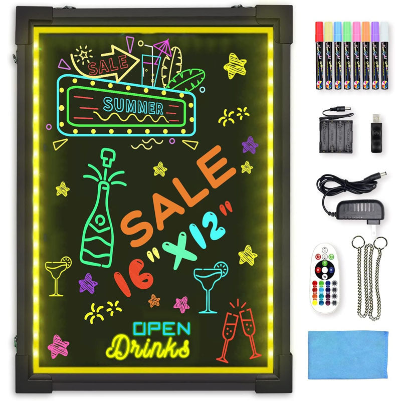 16"X 12" LED Message Board Illuminated Erasable Neon Effect Restaurant Menu Sign with 8 Colors Markers