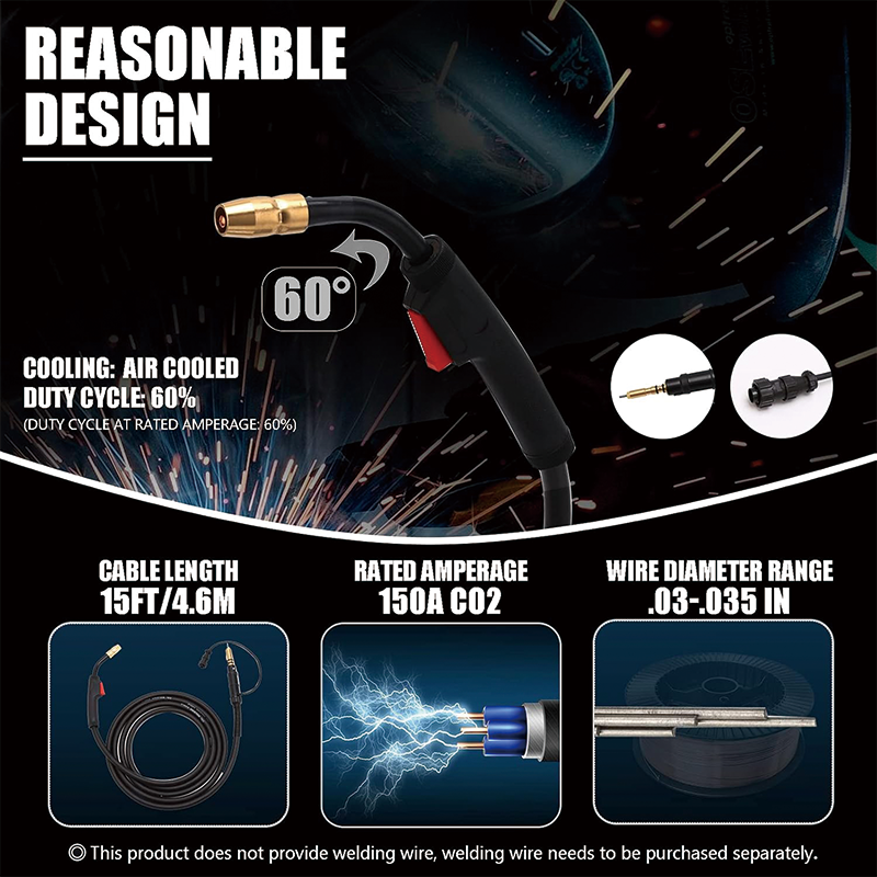 15FT Mig Welding Gun, 250Amp MIG Welding Gun Welding Torch Stinger Replacement for Miller 150A,Millermatic 90, 35/120 / 130 / 130XP /135 / 140s / 150/175 / 180s /185