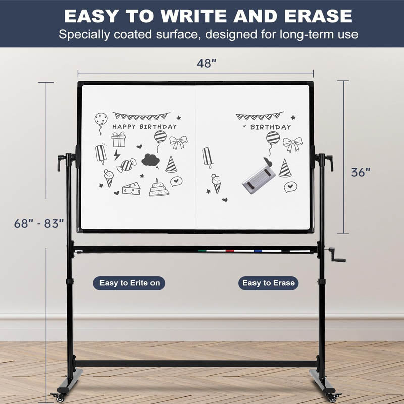 Mobile White Board 48 X 36 Inches Height Adjustable on Wheels Double-Sided Rolling Dry Erase Board with Stand