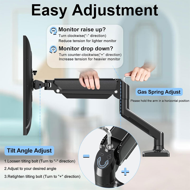 Single Monitor Mount Arm, Gas Spring Monitor Arm, Accommodates Monitors Up To 32", VESA Mount 75x75, 100x100