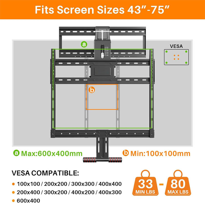 Motorized TV Mount with Height Adjust Drop Down TV Mount for Most 43" - 75" TVs up to 80lbs Max VESA 600x400mm