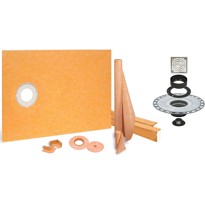 Shower Kit: 38x60 Offset Shower Pan (Tray), 2 inch PVC flange and 4 Inch Shower Drain Cover in Contour Design with Brushed Nickel Finish