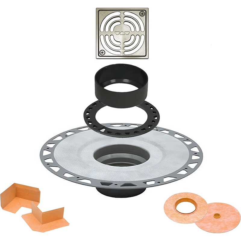 Shower Kit: 38x60 Offset Shower Pan (Tray), 2 inch PVC flange and 4 Inch Shower Drain Cover in Contour Design with Brushed Nickel Finish