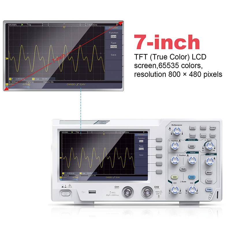 Digital Oscilloscope, 110mhz Bandwidth Digital Oscilloscope with 2 Channels 7-inch Color Screen, Portable Professional Oscilloscope Kit