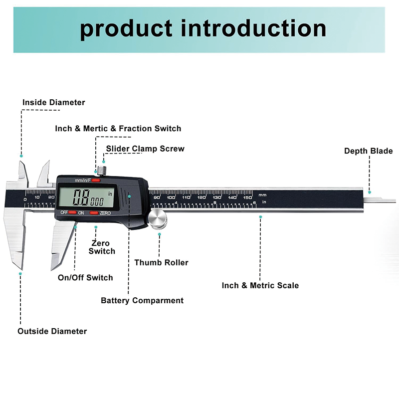Digital Caliper, 6" Calipers Measuring Tool, Stainless Steel, Large LCD Screen, Inch Metric Fraction Conversion