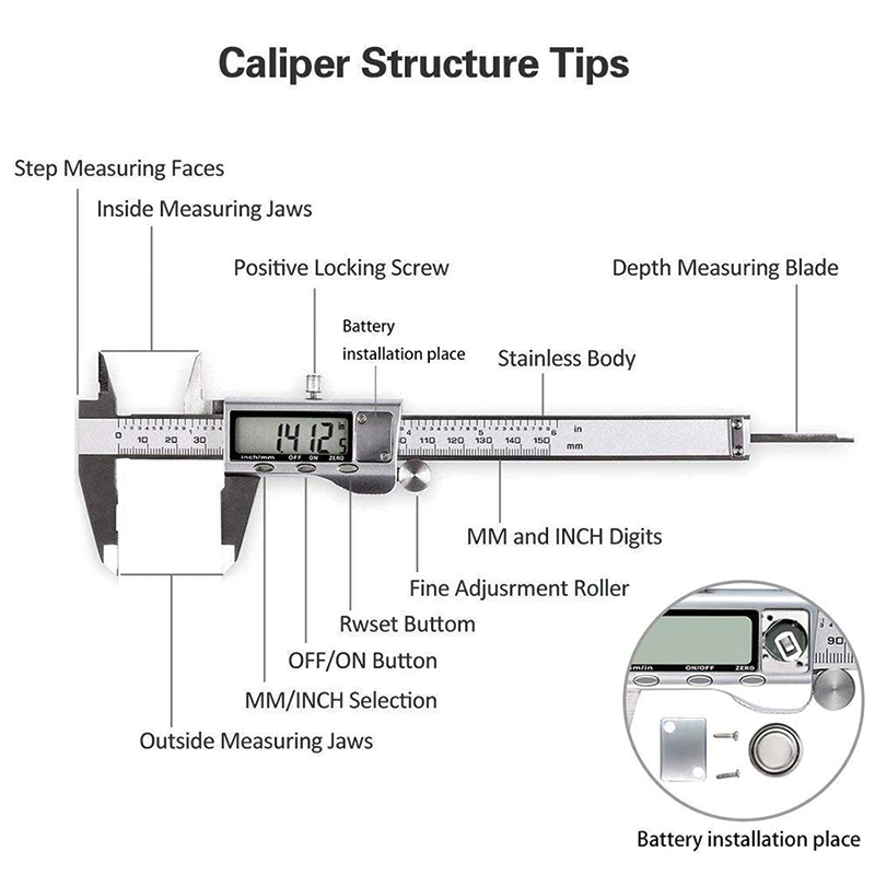 Digital Caliper, 6 Inch Caliper Measuring Tool with Large LCD Screen, Inch and Millimeter Conversion