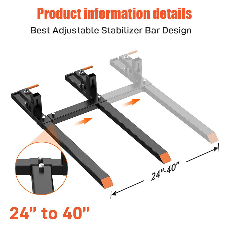Clip-On Pallet Forks, Tractor Bucket Forks, With Adjustable Stabilizer Bar