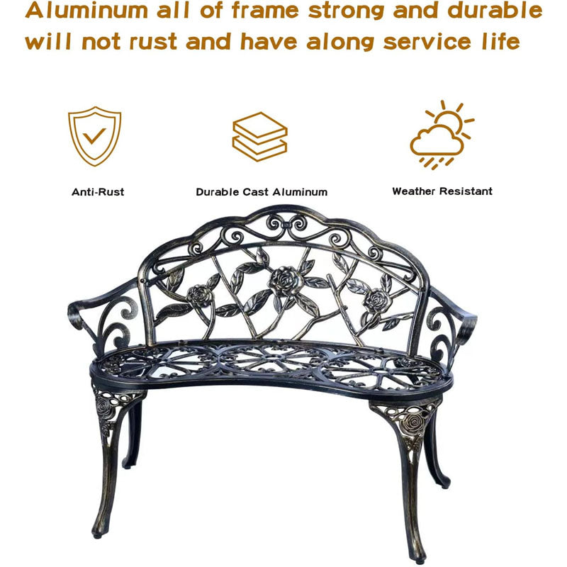 Park Benches ast Aluminum Outdoor Furniture with Floral Rose 330 lbs Load Capacity Bench with Backrest and Armrests