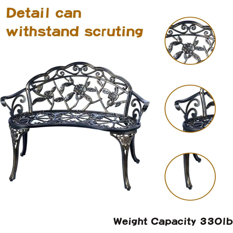 Park Benches ast Aluminum Outdoor Furniture with Floral Rose 330 lbs Load Capacity Bench with Backrest and Armrests
