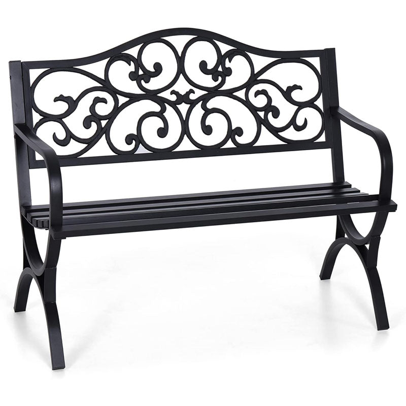 50 inch Park Benches Outdoor Garden Bench Patio Park Bench with Floral Design Backrest for Porch Yard Lawn Deck Black