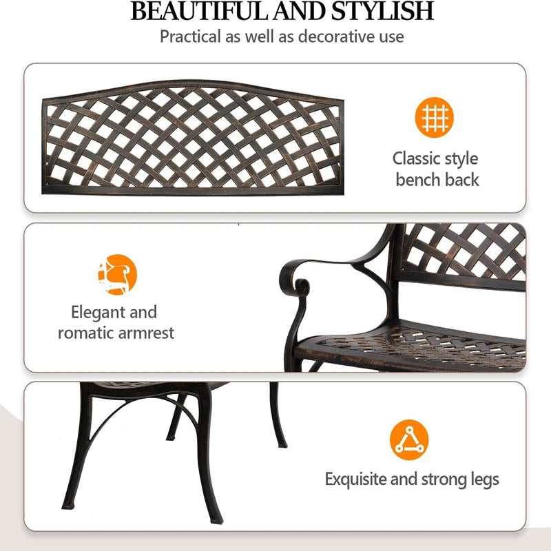 40.5" Park Benches Anti- Rust Cast Aluminum Patio Bench with Backrest and Armrests for Garden Park Yard Front Porch