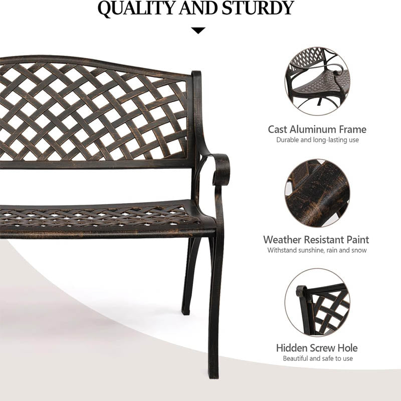 40.5" Park Benches Anti- Rust Cast Aluminum Patio Bench with Backrest and Armrests for Garden Park Yard Front Porch