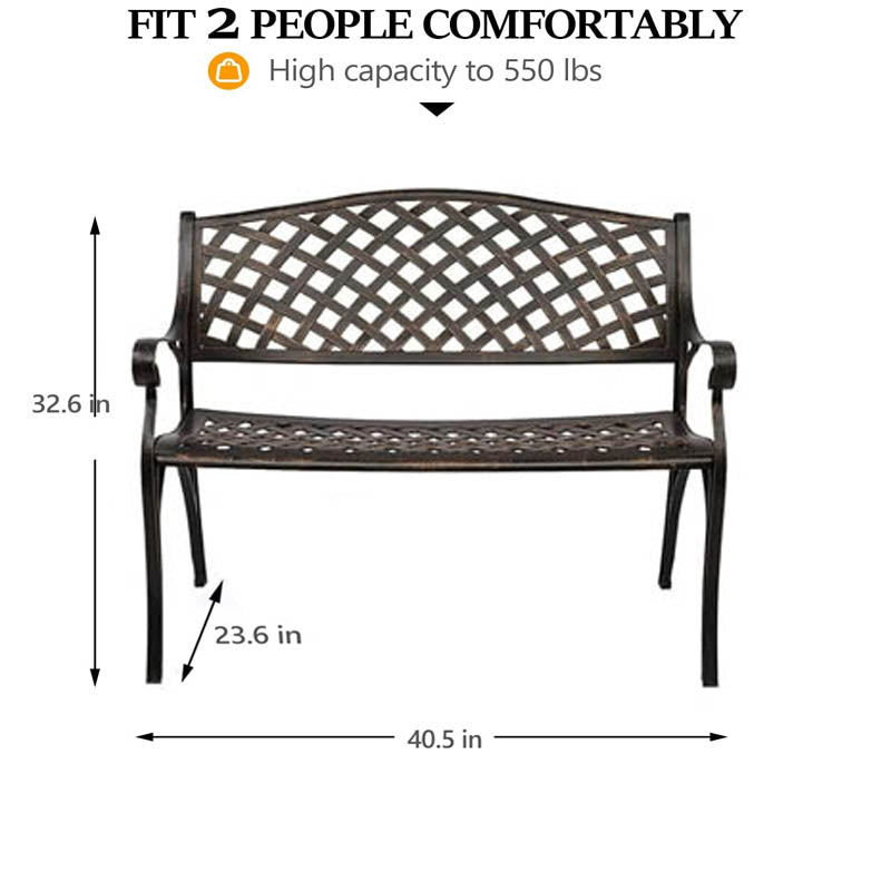 40.5" Park Benches Anti- Rust Cast Aluminum Patio Bench with Backrest and Armrests for Garden Park Yard Front Porch